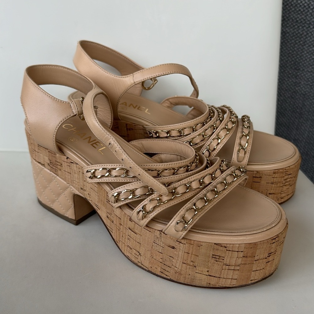 Chanel Beige Leather Chain Detail Ankle Strap Platform Sandals
